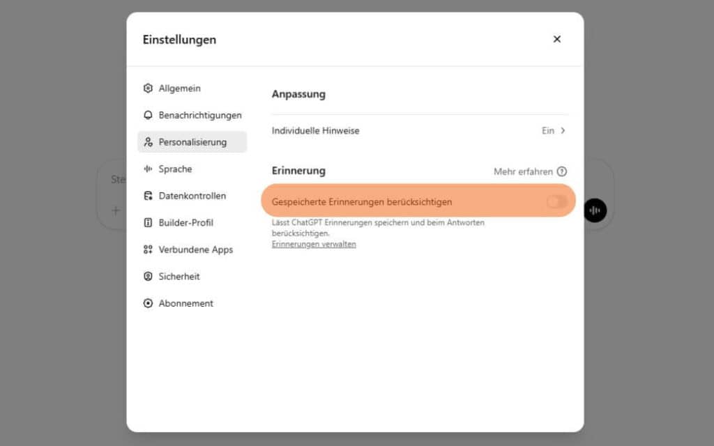 ChtGPT kostenlos Erinnerungen ausschalten