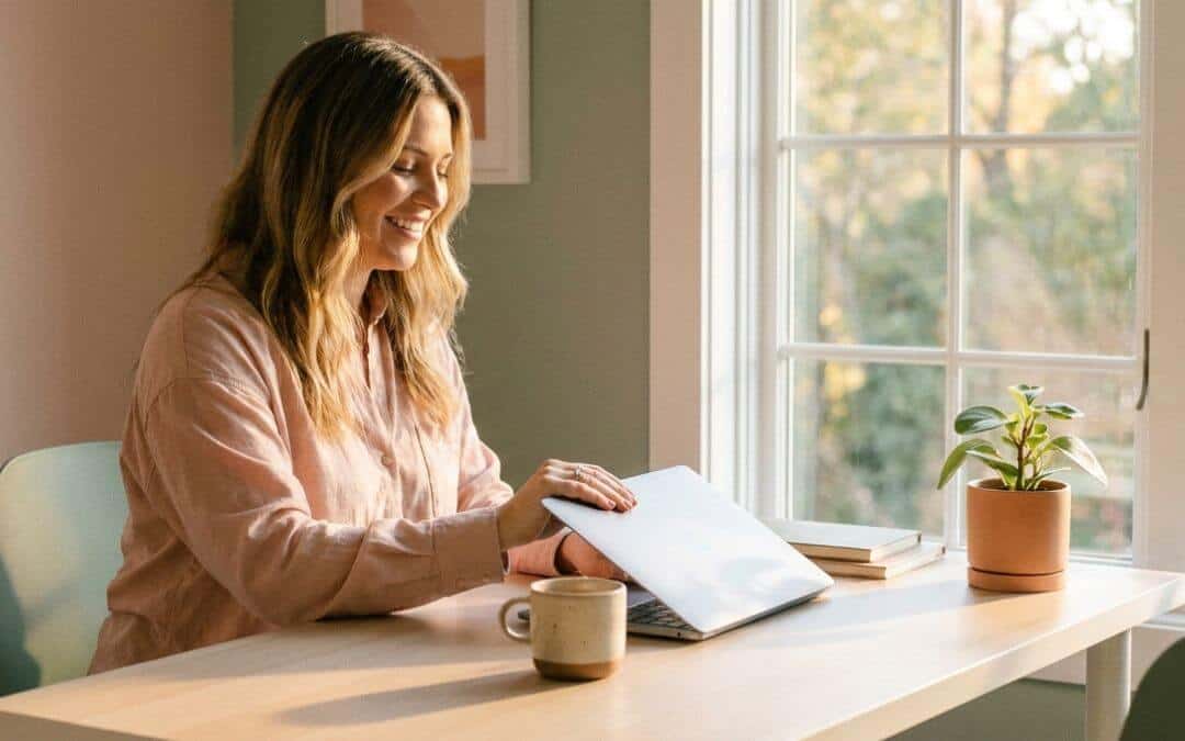 Frau klappt entspannt den Laptop zu – mit KI-Team läuft das Business auch ohne sie