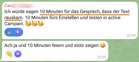 Eine Teilnehmerin schreibt: 10 Minuten für das Gespräch, dass der Text rauskam