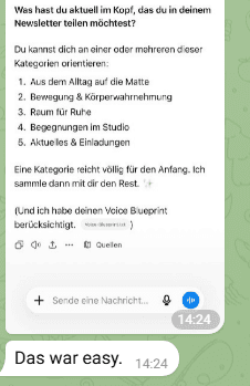 Eine Teilnehmerin zeigt ihren Newsletter-Mitarbeiter und schreibt: Das war easy