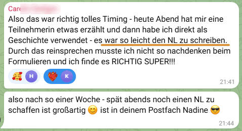 Eine Teilnehmerin schreibt: es war so leicht den NL zu schreiben