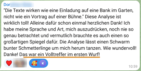 Eine Teilnehmerin schreibt in der Challenge-Gruppe: Das war ein Volltreffer im ersten Wurf